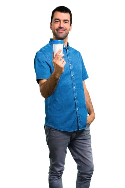 Bonito Homem Com Camisa Azul Segurando Café Para Levar Embora — Fotografia de Stock