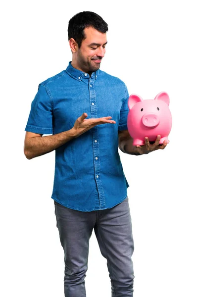 Handsome Man Blue Shirt Holding Piggybank — Stock Photo, Image