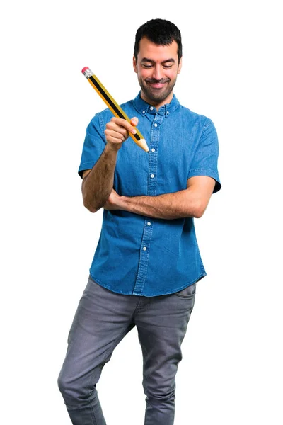 Hombre Guapo Con Camisa Azul Sosteniendo Lápiz Grande — Foto de Stock