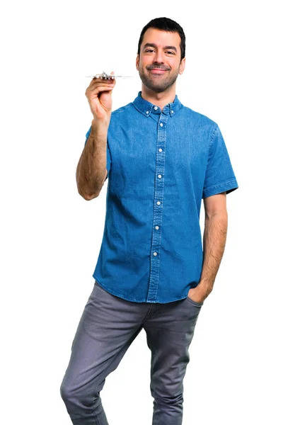 Stilig Man Med Blå Skjorta Hålla Leksak Flygplan — Stockfoto