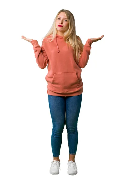 Full Length Shot Young Girl Having Doubts While Raising Hands — Stock Photo, Image