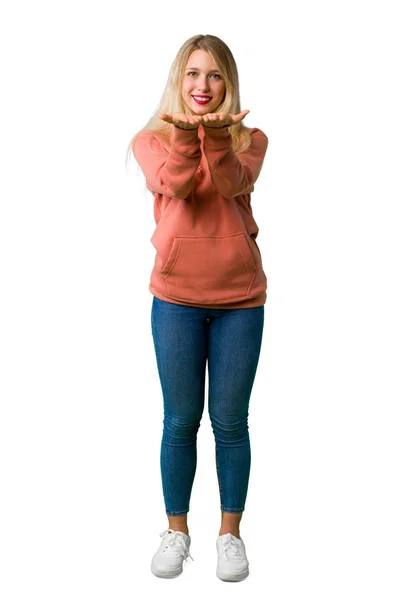 Full Length Shot Young Girl Holding Copyspace Imaginary Palm Insert — Stock Photo, Image