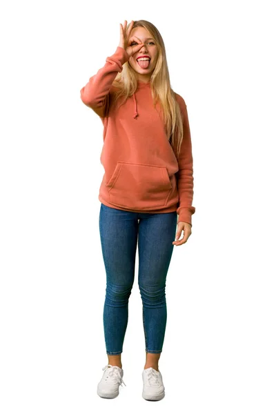 Uma Foto Completa Uma Jovem Garota Faz Emoção Engraçada Louca — Fotografia de Stock