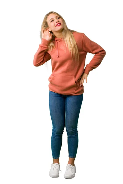 Full Length Shot Young Girl Listening Something Putting Hand Ear — Stock Photo, Image
