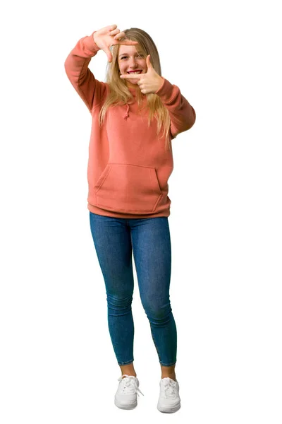 Full Length Shot Young Girl Focusing Face Framing Symbol Isolated — Stock Photo, Image