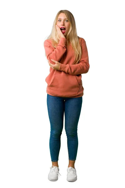 Bir Tam Uzunlukta Bir Genç Kız Şaşırttı Beyaz Arka Plan — Stok fotoğraf