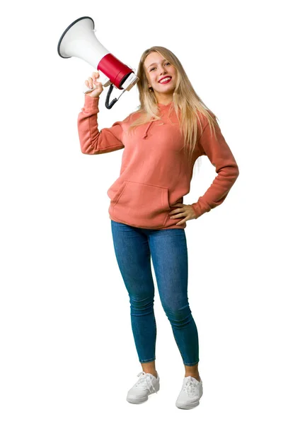 Full Length Shot Young Girl Holding Megaphone Isolated White Background — Stock Photo, Image