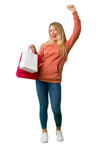 Full Length Shot Young Girl Holding Lot Shopping Bags Victory — Stock Photo, Image