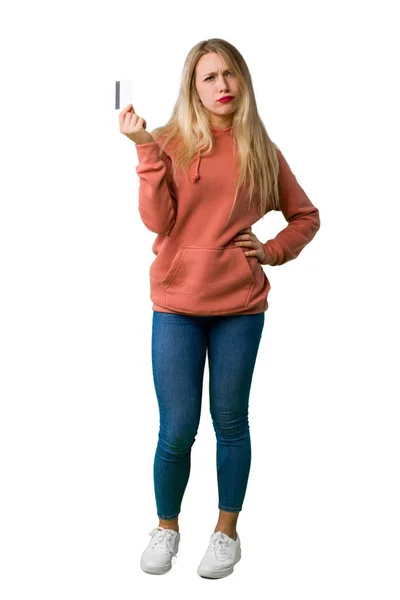 Full Length Shot Young Girl Taking Credit Card Money Isolated — Stock Photo, Image