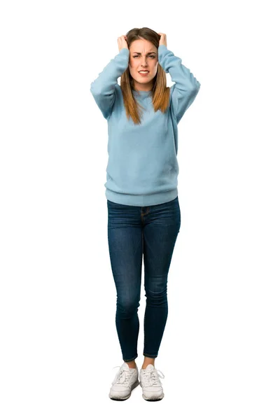 Full Body Blonde Woman Blue Shirt Takes Hands Head Because — Stock Photo, Image