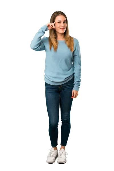 Full Body Blonde Woman Blue Shirt Making Gesture Madness Putting — Stock Photo, Image