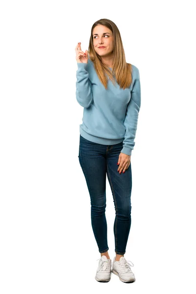 Full Body Blonde Woman Blue Shirt Fingers Crossing Wishing Best — Stock Photo, Image