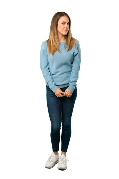 Corpo Pieno Donna Bionda Con Camicia Blu Sentirsi Sconvolto Sfondo — Foto Stock