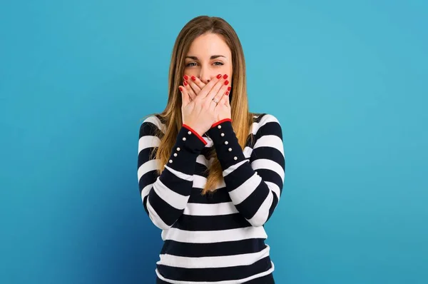 Blonde Youn Girl Covering Mouth Hands Blue Background — Stock Photo, Image