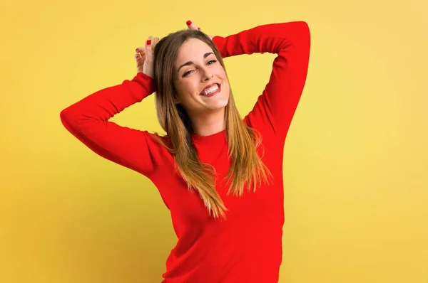 Young Blonde Woman Makes Funny Crazy Face Emotion Yellow Background — Stock Photo, Image
