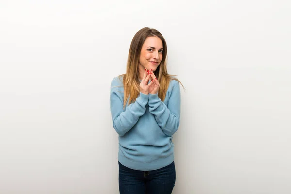 Blonde Woman Isolated White Background Scheming Something — Stock Photo, Image