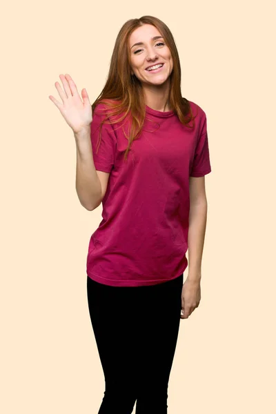 Young Redhead Girl Saluting Hand Happy Expression Isolated Yellow Background — Stock Photo, Image