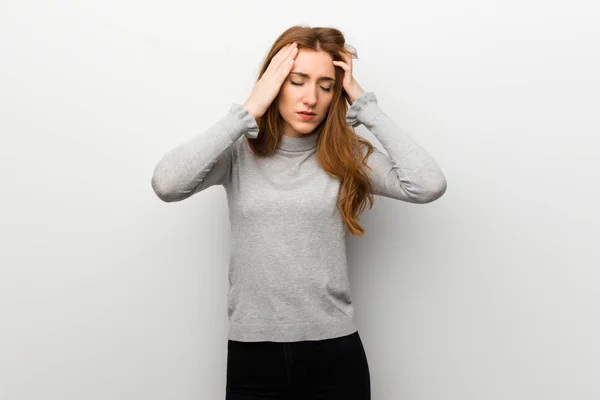 Redhead Girl White Wall Unhappy Frustrated Something — Stock Photo, Image