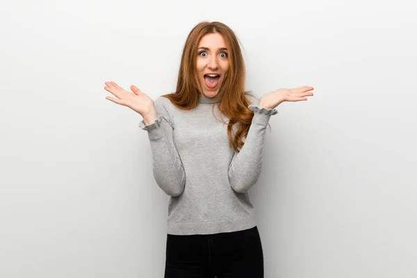 Redhead Girl White Wall Surprise Shocked Facial Expression — Stock Photo, Image