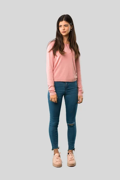 Full Body Teenager Girl Pink Shirt Feeling Upset Isolated Grey — Stock Photo, Image