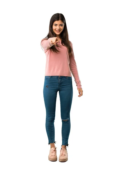 Uma Foto Completa Uma Adolescente Com Camisa Rosa Aponta Dedo — Fotografia de Stock