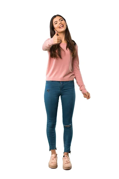 Повнометражний Постріл Підлітка Дівчина Рожевими Сорочку Даючи Великі Пальці Вгору — стокове фото