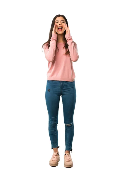 Eine Ganzkörperaufnahme Eines Teenagermädchens Mit Rosa Hemd Das Schreit Und — Stockfoto