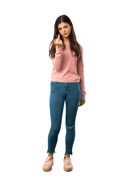 Eine Ganzkörperaufnahme Eines Teenagermädchens Mit Rosafarbenem Hemd Das Eine Geste — Stockfoto