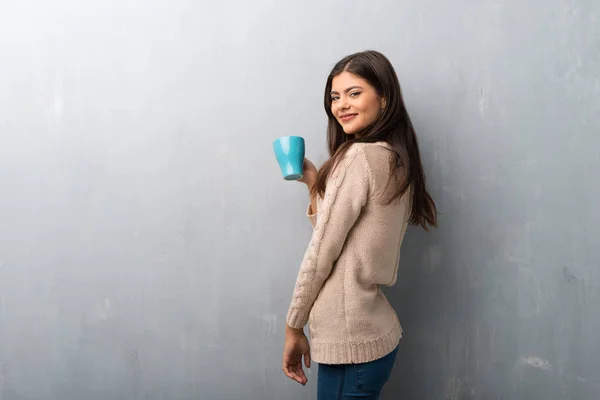 Teenager Girl Sweater Vintage Wall Holding Hot Cup Coffee — Stock Photo, Image
