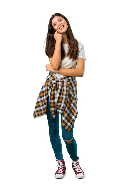 Повнометражний Знімок Дівчини Підлітка Сорочкою Прив Язаною Талії Посміхаючись Солодким — стокове фото