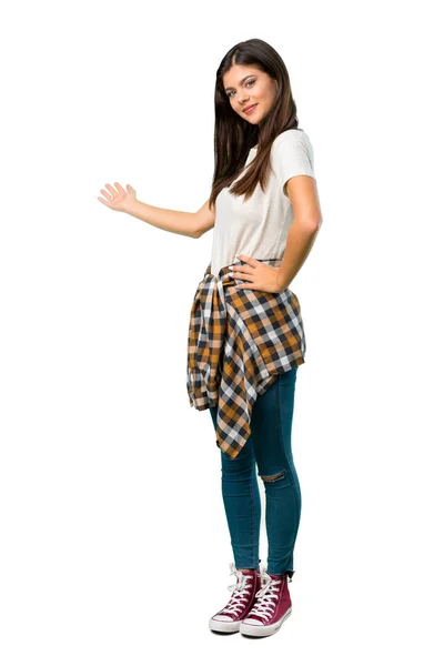 Full Length Shot Teenager Girl Shirt Tied Waist Pointing Back — Stock Photo, Image