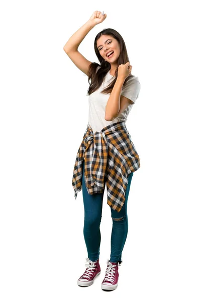 Full Length Shot Teenager Girl Shirt Tied Waist Celebrating Victory — Stock Photo, Image