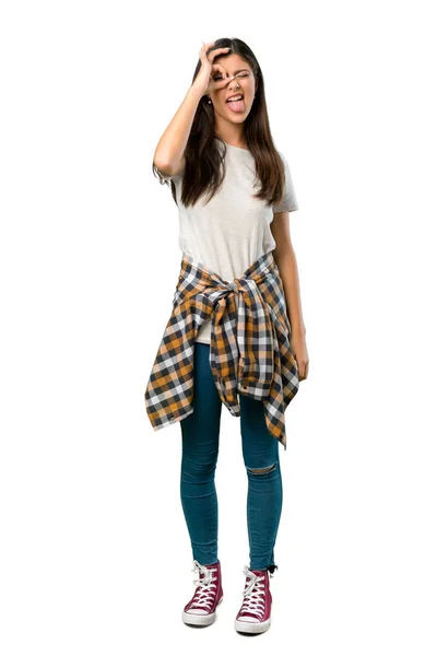 Eine Ganzkörperaufnahme Eines Teenagermädchens Mit Der Taille Gebundenem Hemd Sorgt — Stockfoto
