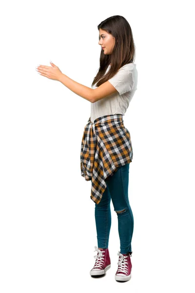 Plan Complet Une Adolescente Avec Chemise Attachée Taille Poignée Main — Photo