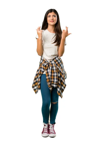 Повнометражний Знімок Дівчини Підлітка Сорочкою Прив Язаною Талії Пальцями Схрещуються — стокове фото