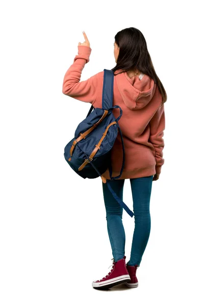 Plan Complet Une Adolescente Avec Sweat Shirt Sac Dos Pointant — Photo