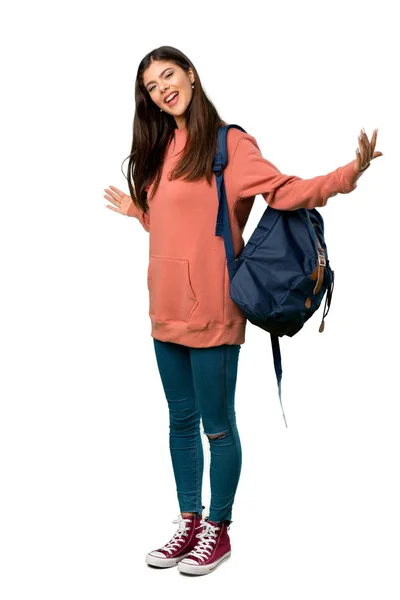 Full Length Shot Teenager Girl Sweatshirt Backpack Proud Self Satisfied — Stock Photo, Image
