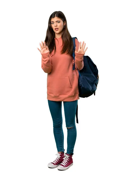 Eine Ganzkörperaufnahme Eines Teenagermädchens Mit Sweatshirt Und Rucksack Das Mit — Stockfoto