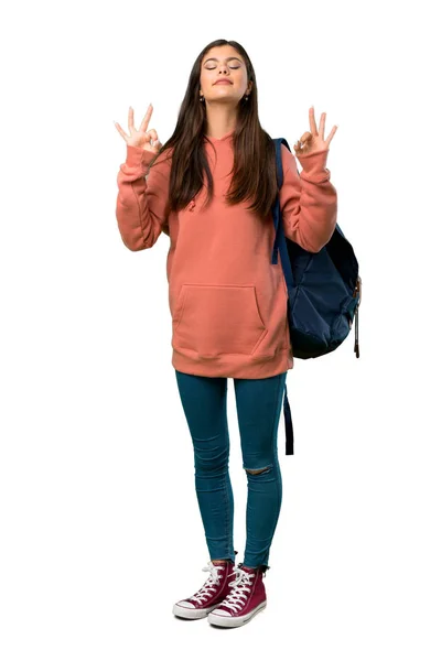 Uma Foto Completa Uma Adolescente Com Camisola Mochila Pose Zen — Fotografia de Stock