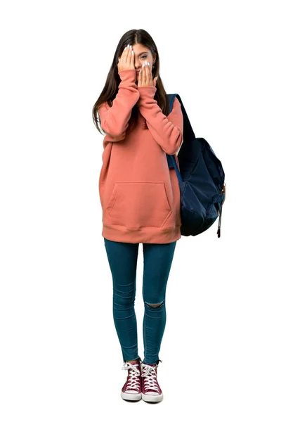 Uma Foto Completa Uma Adolescente Com Camisola Mochila Cobrindo Olhos — Fotografia de Stock