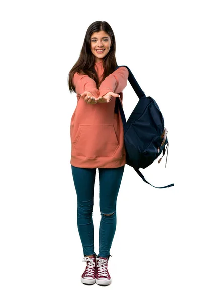 Uma Foto Completa Uma Adolescente Com Camisola Mochila Segurando Espaço — Fotografia de Stock