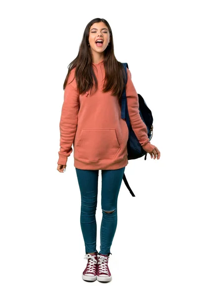 Full Length Shot Teenager Girl Sweatshirt Backpack Shouting Front Mouth — Stock Photo, Image