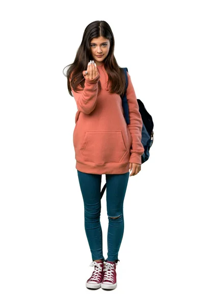 Full Length Shot Teenager Girl Sweatshirt Backpack Inviting Come Hand — Stock Photo, Image