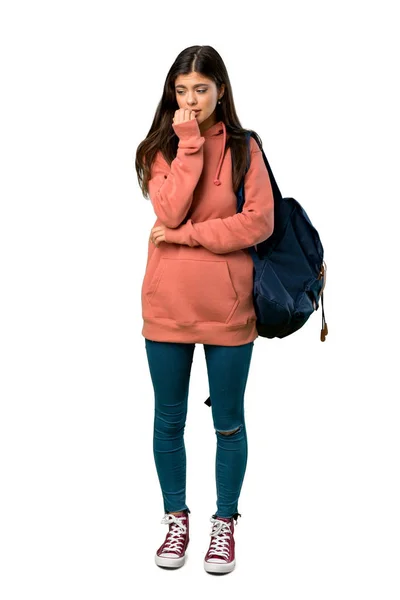 Uma Foto Completa Uma Adolescente Com Camisola Mochila Com Dúvidas — Fotografia de Stock