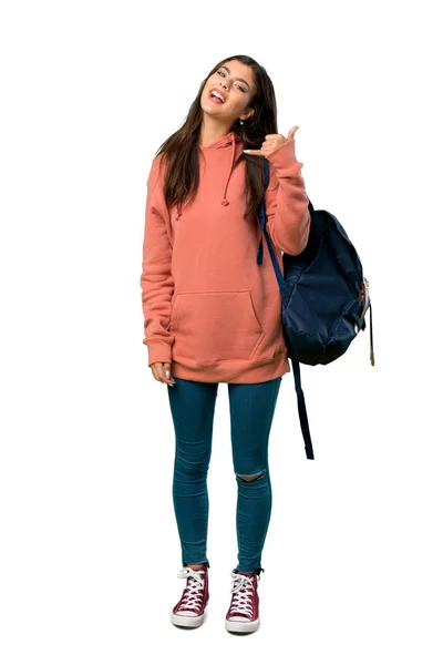 Uma Foto Completa Uma Adolescente Com Camisola Mochila Fazendo Gesto — Fotografia de Stock