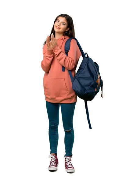 Plan Complet Une Adolescente Avec Sweat Shirt Sac Dos Applaudissements — Photo