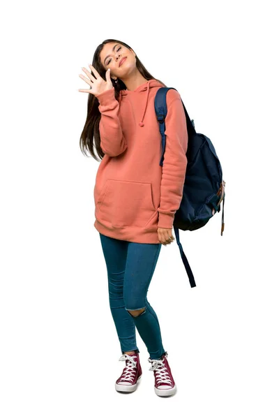 Full Length Shot Teenager Girl Sweatshirt Backpack Counting Five Fingers — Stock Photo, Image