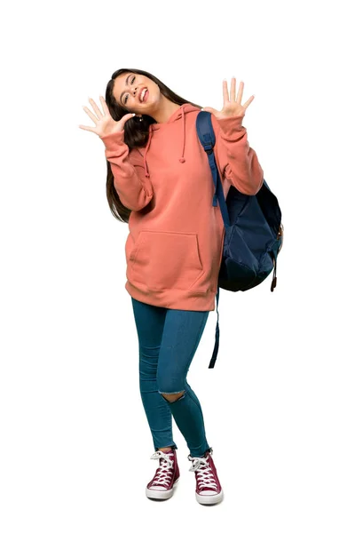 Uma Foto Completa Uma Adolescente Com Camisola Mochila Contando Dez — Fotografia de Stock