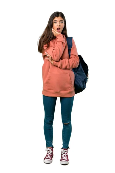 Eine Ganzkörperaufnahme Eines Teenagers Mit Sweatshirt Und Rucksack Der Überrascht — Stockfoto