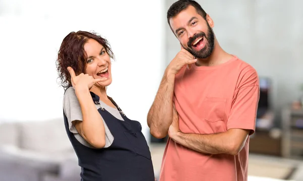 Couple Pregnant Woman Making Phone Gesture Call Back Sign House — Stock Photo, Image